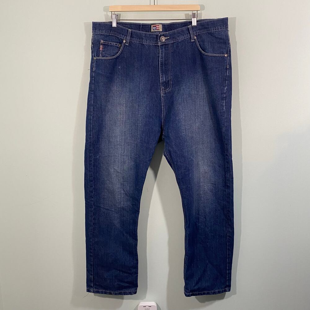 Vtg Y2K Phat Farm Blue Medium Wash Embroidered Pocket Baggy Jeans Sz 42 x 32